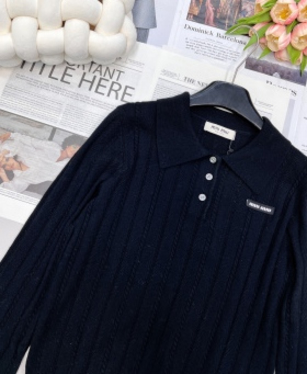 🖤Miu Miu Black Ribbed‑Knit Polo Collar Long‑Sleeve Sweater - Picture 6 of 8